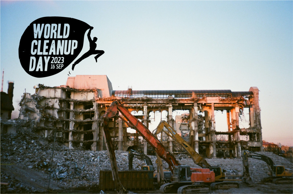 Demolition wastes with the World Cleanup Day Logo