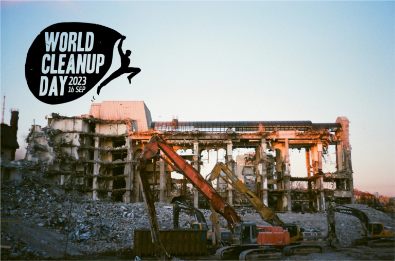 Demolition wastes with the World Cleanup Day Logo