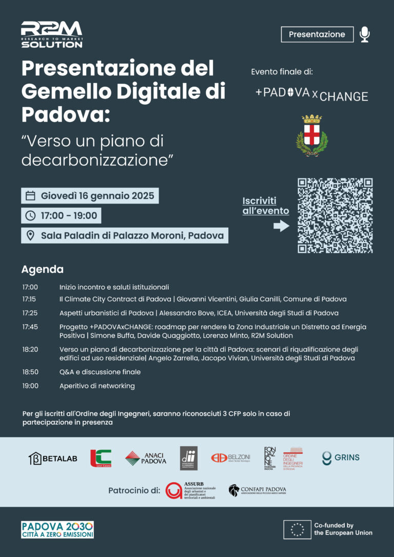 Locandina dell'evento di R2M Solution per la Presentazione del Gemello digitale di Padova per scenari di decarbonizzazione e transizione sostenibile di Padova